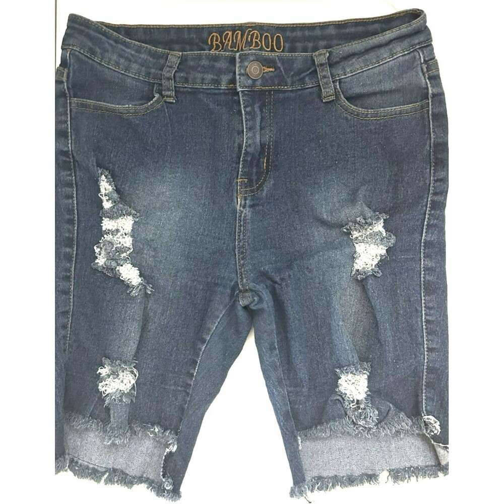 Bamboo Blue Denim Ripped High Low Leg Opening Jean Shorts Womens Size 9/10